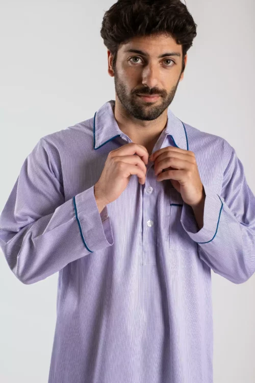 Chemise de nuit homme rayé bleu/blanc en satin de coton. Rayure Portofino
