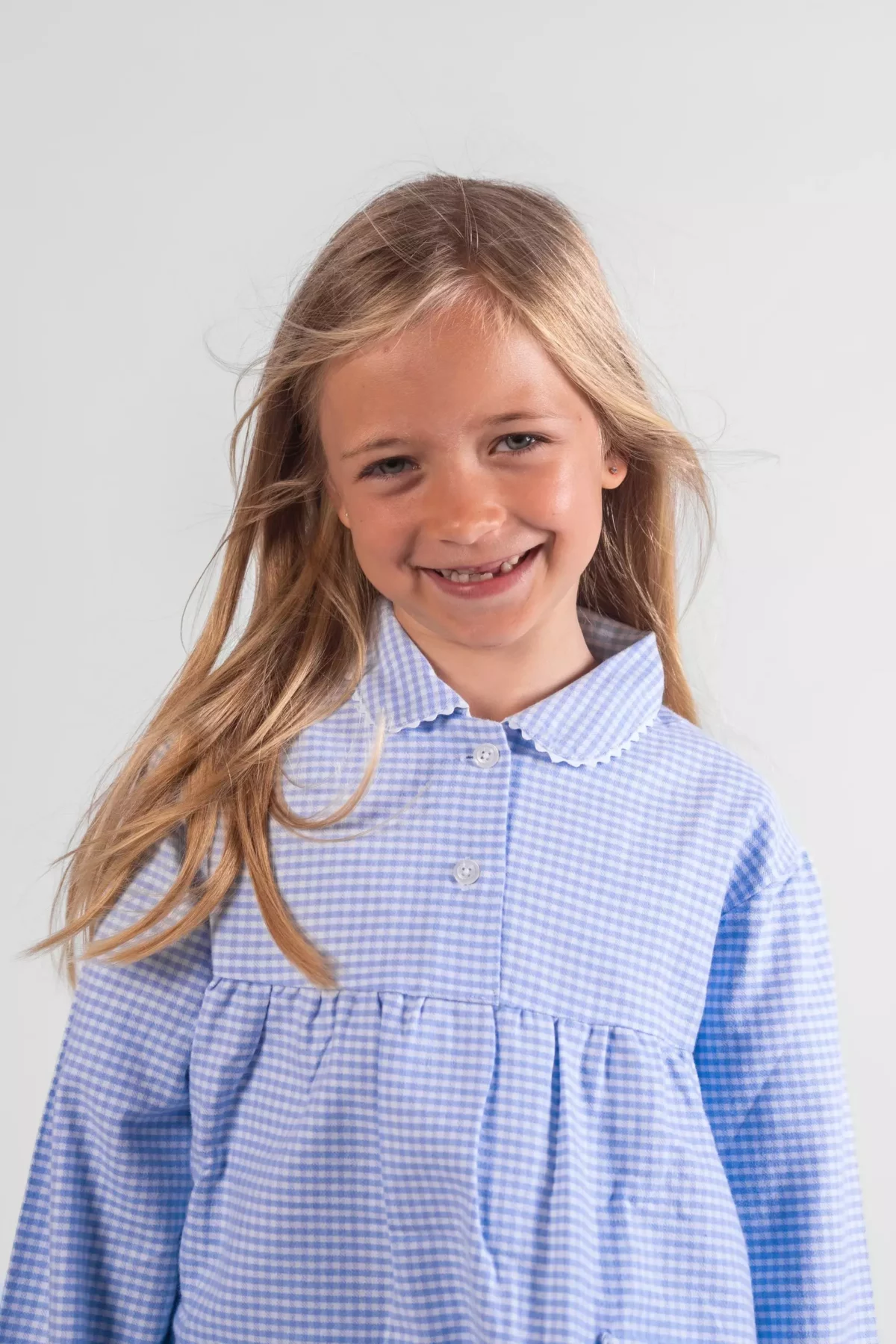 Pyjama long fille - Vichy bleu.