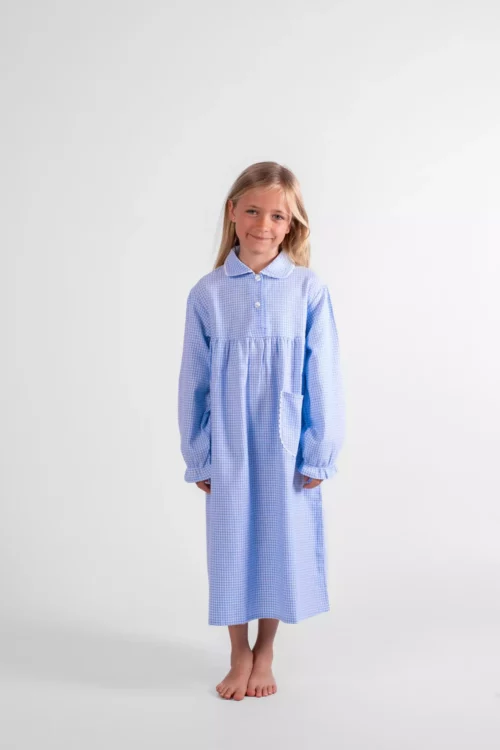 Chemise de nuit manches longues fille – Vichy bleu en pilou flanelle