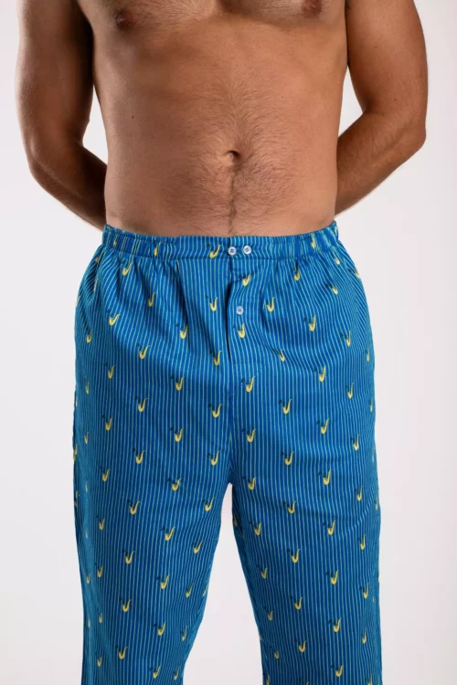 Pantalon de pyjama maitre renard saxophone bleu et jaune en satin de coton