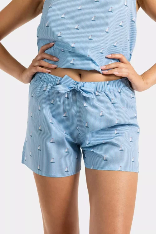 short femme avec noeud motif bateaux en popeline de coton