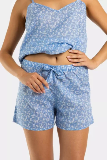Short femme avec noeud motif liberty bleu fleur en voile de coton