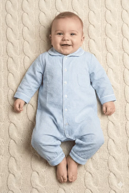 Offrez à votre tout-petit un confort absolu avec ce pyjama combi bébé en flanelle douce, orné d’un élégant motif Vichy bleu. Conçu pour garder bébé bien au chaud, ce pyjama allie tissu respirant, douceur extrême et praticité au quotidien. Sa coupe intégrale assure une liberté de mouvement optimale, tandis que les pressions faciles facilitent l’habillage et le change, même la nuit. Idéal pour l’hiver ou les soirées fraîches, ce pyjama en flanelle est parfait pour garantir un sommeil calme et douillet. Son style classique à carreaux Vichy apporte une touche rétro et tendance, idéale pour un look irrésistiblement mignon.