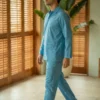 Pyjama long homme popeline de coton motif toucans fond bleu fabrique au portugal