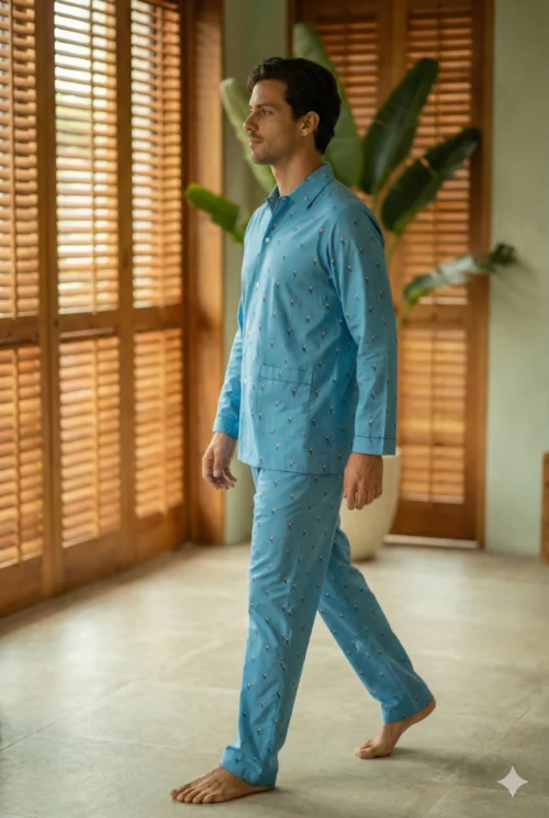 Pyjama long homme popeline de coton motif toucans fond bleu fabrique au portugal