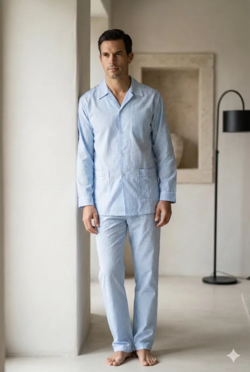 Pyjama long homme vichy bleu flanelle de coton fabrique au portugal