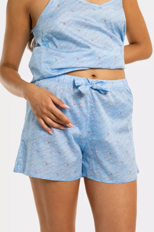 Short pyjama noeud femme oiseaux en satin de coton