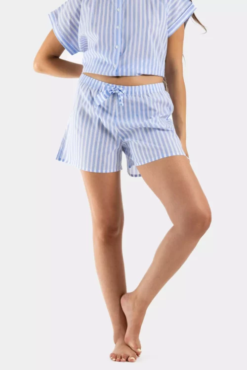 Short pyjama noeud femme raye bleu blanc en voile de coton