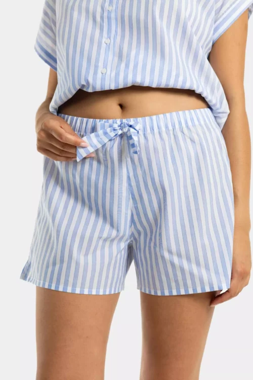 Short pyjama noeud femme raye bleu blanc en voile de coton