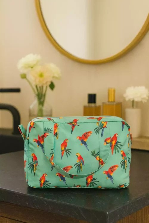 Vanity valisette trousse de toilette en coton enduit aras perroquet
