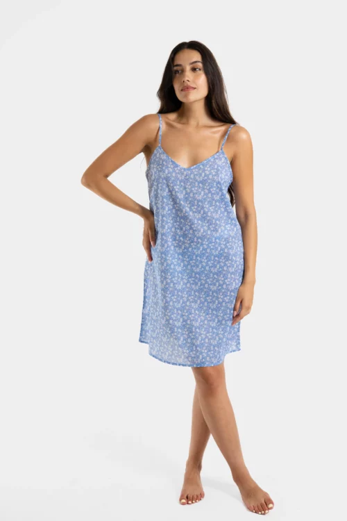 chemise de nuit femme nuisette fine bretelle fleur bleu liberty coton