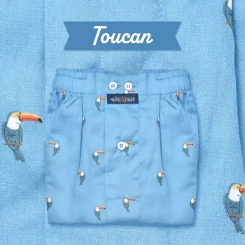 caleçon homme classique coupe française coton fabriqué au portugal motif exotique toucan oiseaux fond bleu