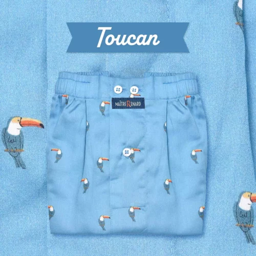 caleçon homme classique coupe française coton fabriqué au portugal motif exotique toucan oiseaux fond bleu