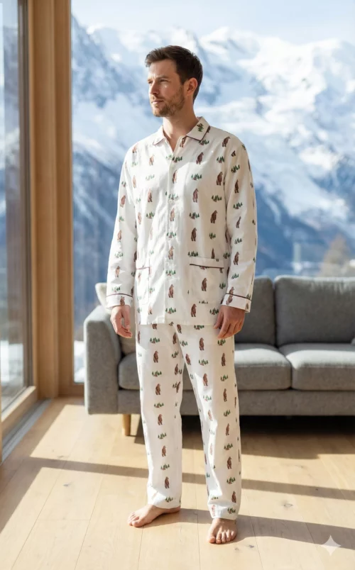 pyjama long homme flanelle motif ours bruns grizzly coton fabrique au portugal
