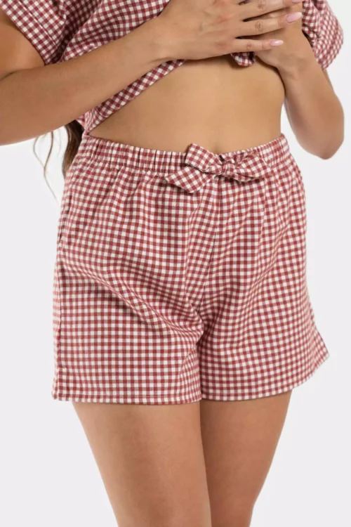 Short caleçon femme en pilou flanelle à carreaux rouges, pyjama d’hiver court, doux et chaud.