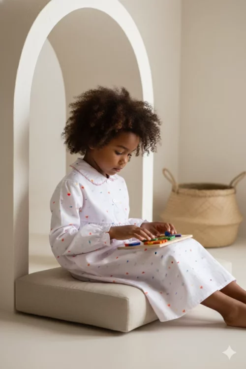 Chemise de nuit fille, manches longues popeline de coton motif bonbons sucette confiserie sucrerie Font rose fine Rayure fabriquer au Portugal