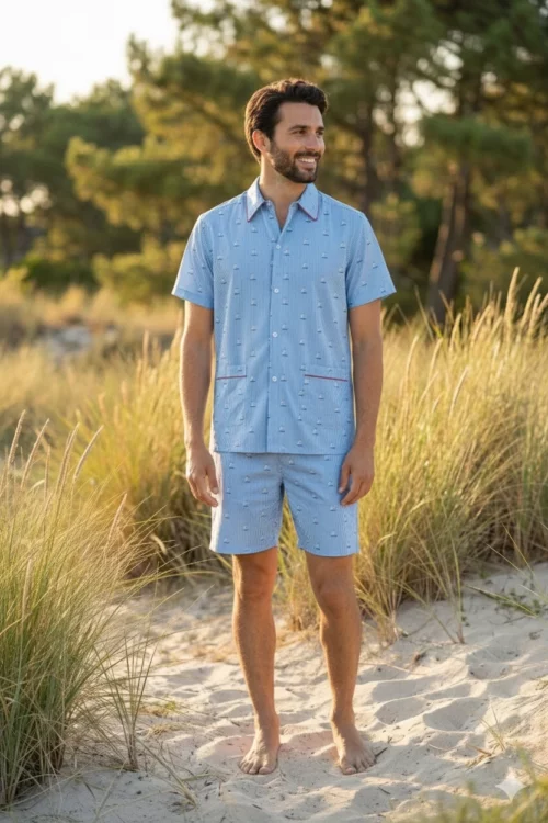 Pyjama, court homme popeline de coton, motif bateau, rayures bleues fabriqué au Portugal