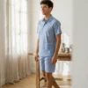 Pyjama, court homme, voile de coton, motif Liberty bleu fabriqué au Portugal