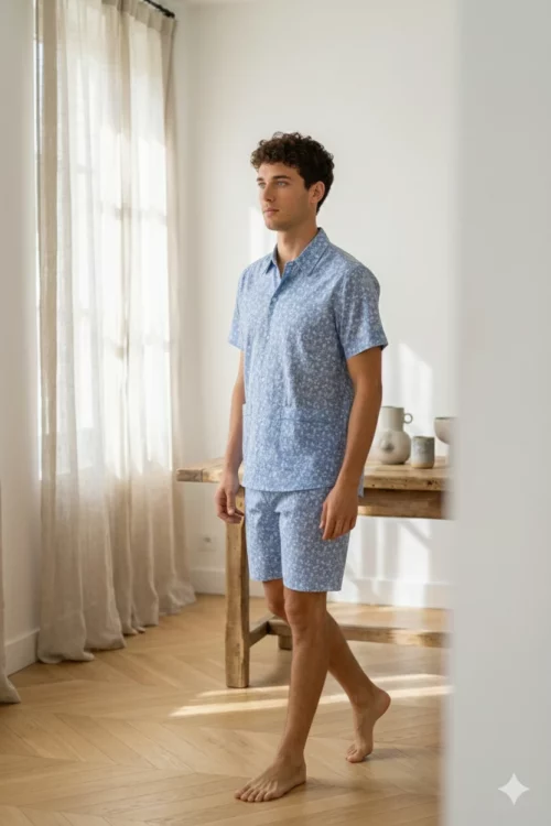 Pyjama, court homme, voile de coton, motif Liberty bleu fabriqué au Portugal