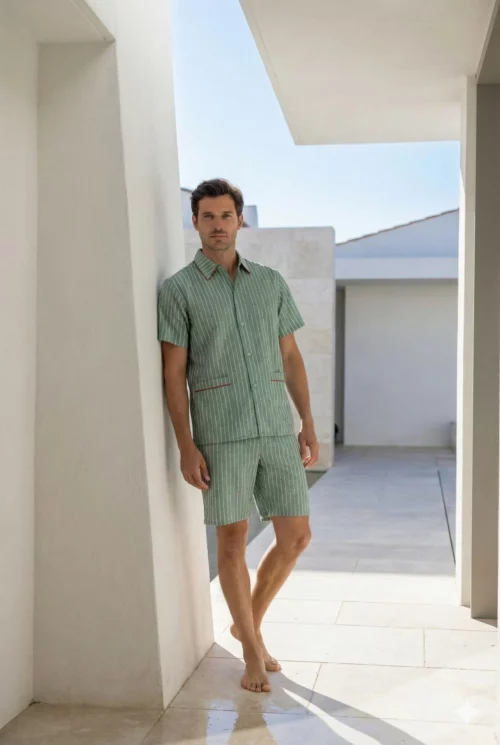 Pyjama, court homme. Popeline de coton motif golf fond vert fabriquer au Portugal
