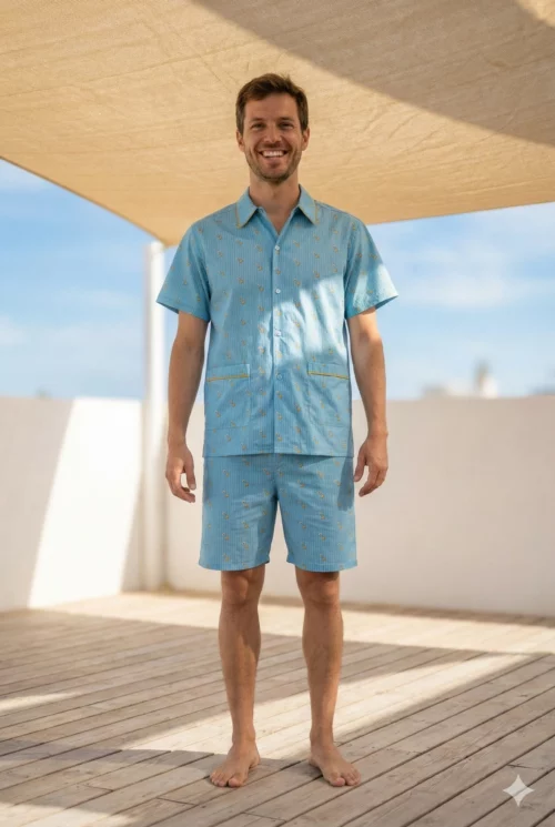 Pyjama court homme. popeline de coton, motif café croissant fond bleu fabriqué au Portugal