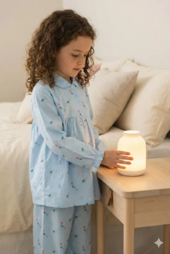 Pyjama long fille en popeline de coton, motif sirène fond bleu col Claudine avec croquet fabriqué au Portugal