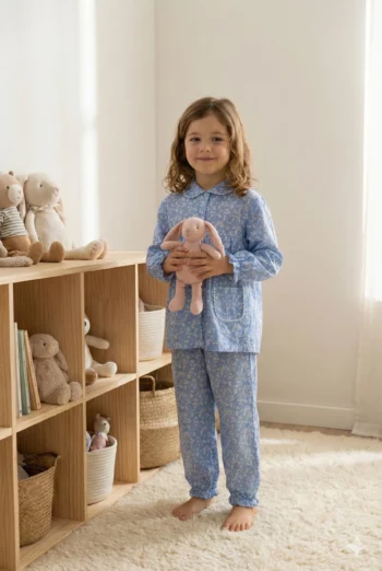 Pyjama long fille en voile de coton, motif fleur bleue, Liberty bleue. Col Claudine croquet fabriquer au Portugal