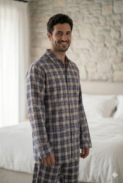 Pyjama long homme classique flanelle coton carreaux bleu fabrique au portugal