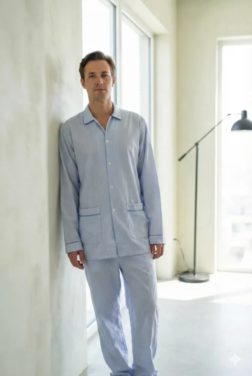 pyjama homme classique rayure bleu flanelle de coton fabrique au portugal