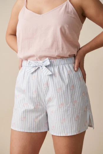 short femme en popeline de coton motif angelots cupidon caraco rose en voile de coton