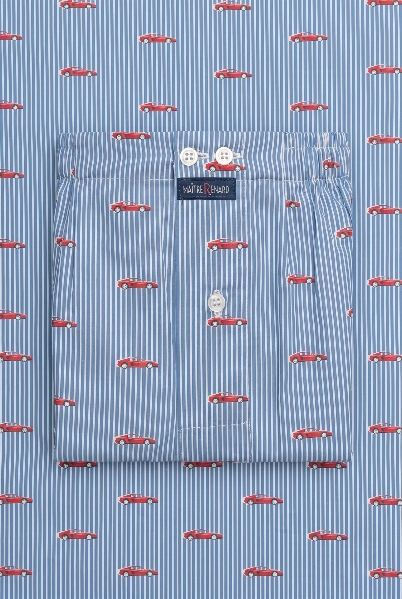 Zoom texture et finitions : Caleçon homme classique - Circuit (Réf : 2430000015991) en popeline de coton ( coton léger ). Vêtement de type caleçons homme. Maître Renard.