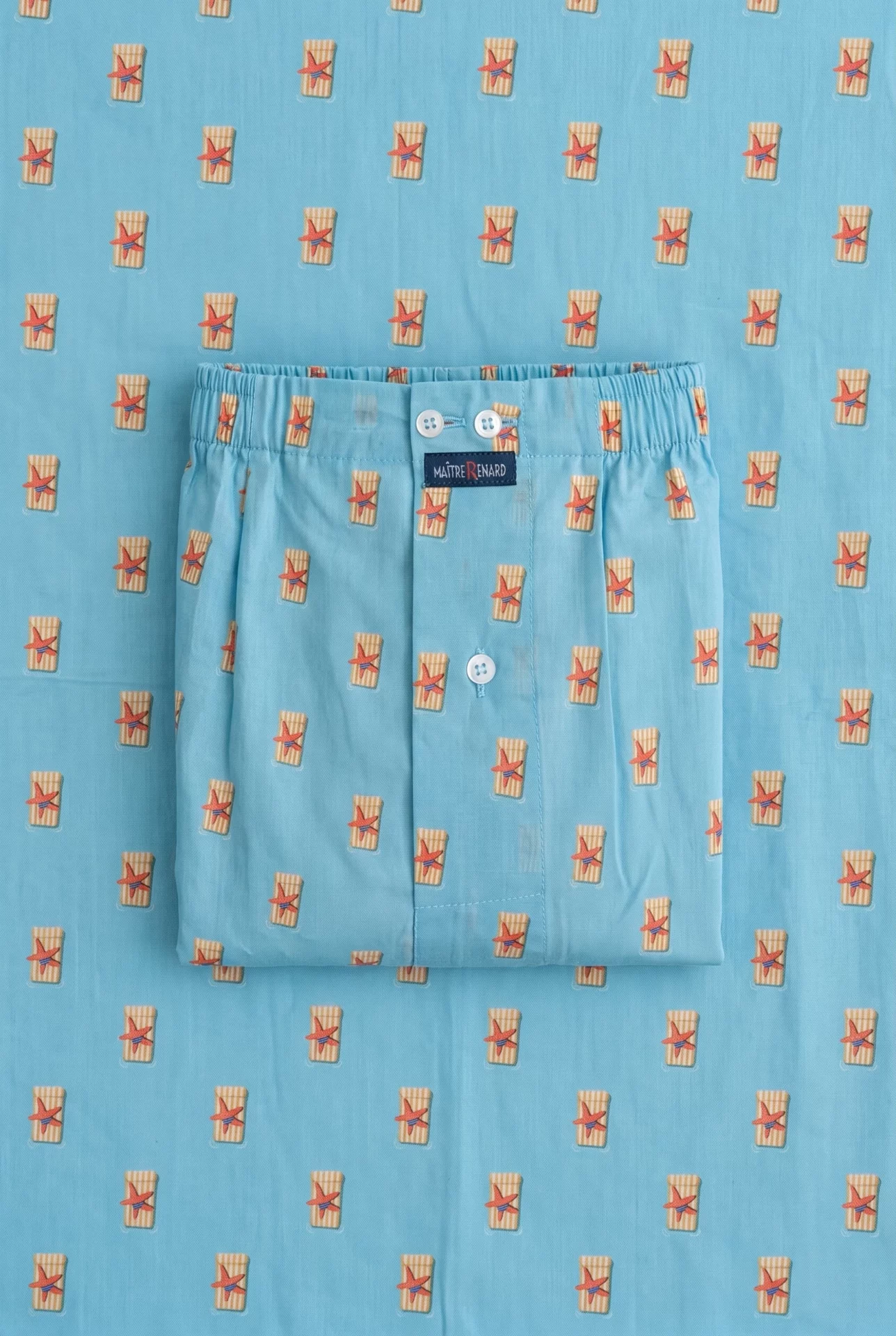 Zoom texture et finitions : Caleçon homme classique - Vacances d’étoiles (Réf : 2430000016127) en popeline de coton ( coton léger ). Vêtement de type caleçons homme. Maître Renard.