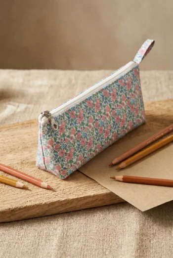 Vue d'ensemble : Trousse crayon en coton enduit - Liberty Rose & Vert (Réf : 2430000017957) en coton enduit (imperméable). Vêtement de type rangements. Maître Renard.
