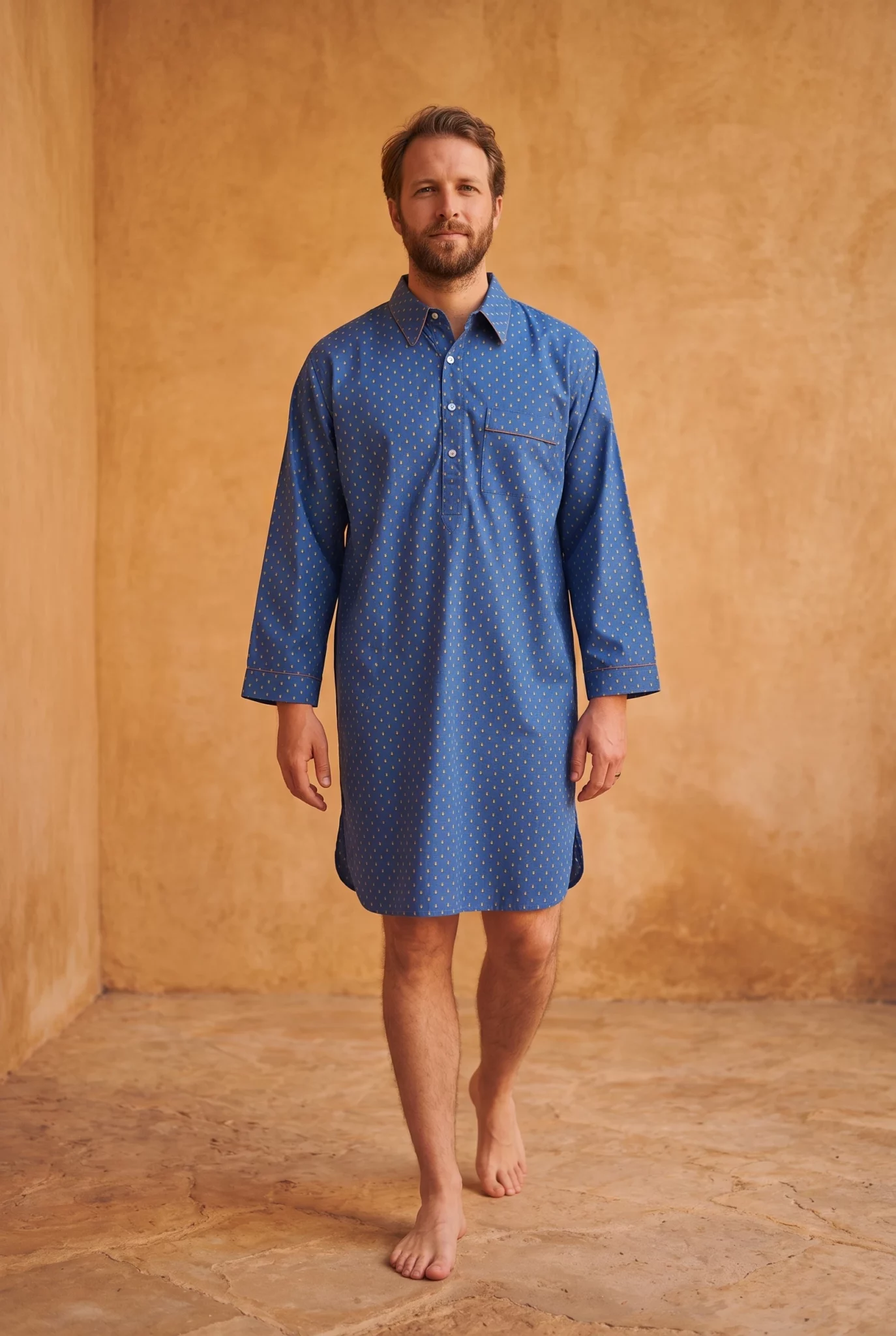 Zoom texture et finitions : Chemise de nuit homme - Scarabées (Réf : 2430000016417) en popeline de coton ( coton léger ). Vêtement de type chemises de nuit homme. Maître Renard.