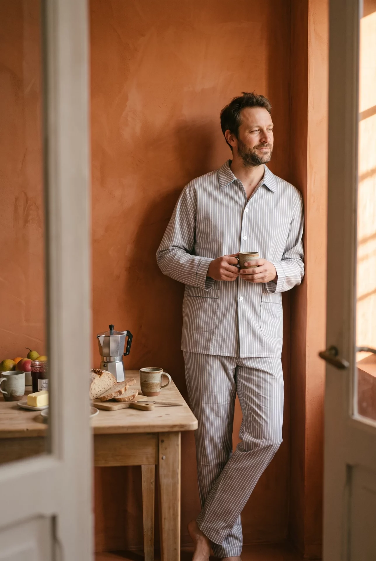 Vue d'ensemble : Pyjamas longs homme - Porto Cervo (Réf : 2430000015823) en popeline de coton ( coton léger ). Vêtement de type pyjamas longs homme. Maître Renard.